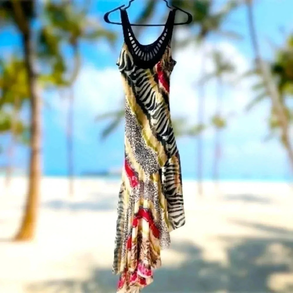 CLASSIC ANIMAL PRINT RUFFLE MULTI COLOR MAXI DRESS SIZE 36 100%  COTTON SIZE 36